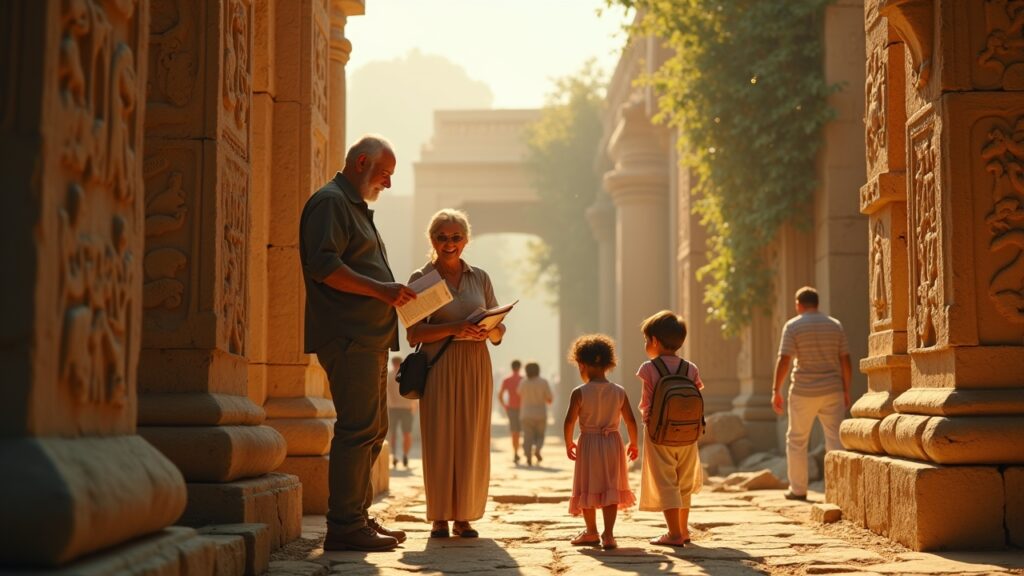 Family at historical site learning