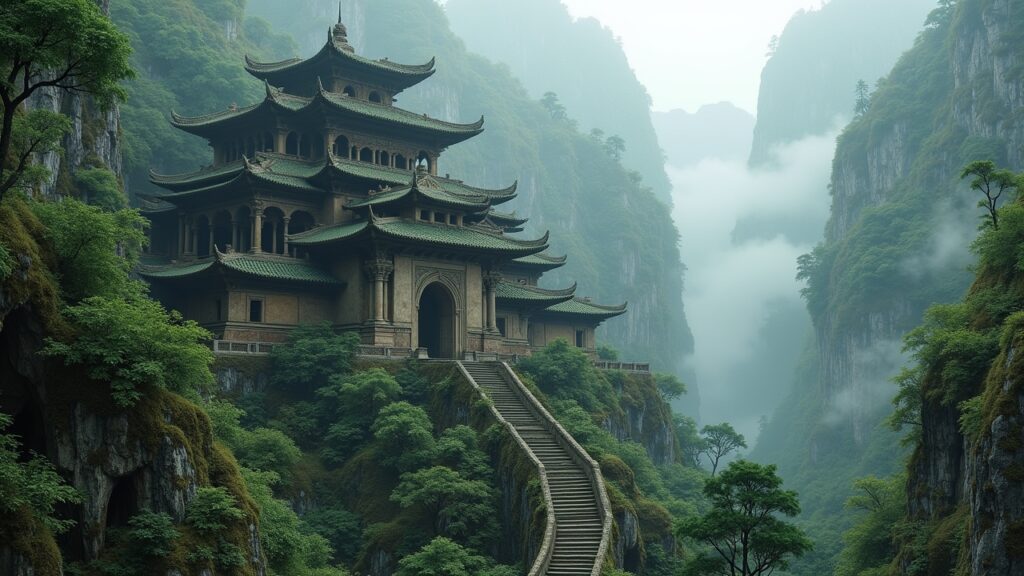 Ancient temple in misty mountains
