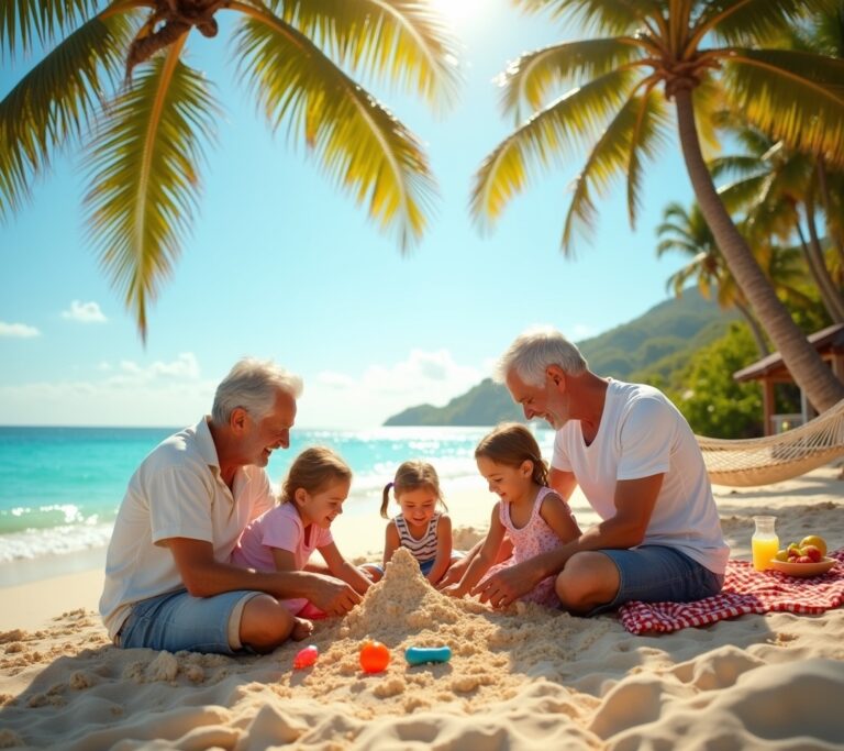 Family at famous landmark smiling