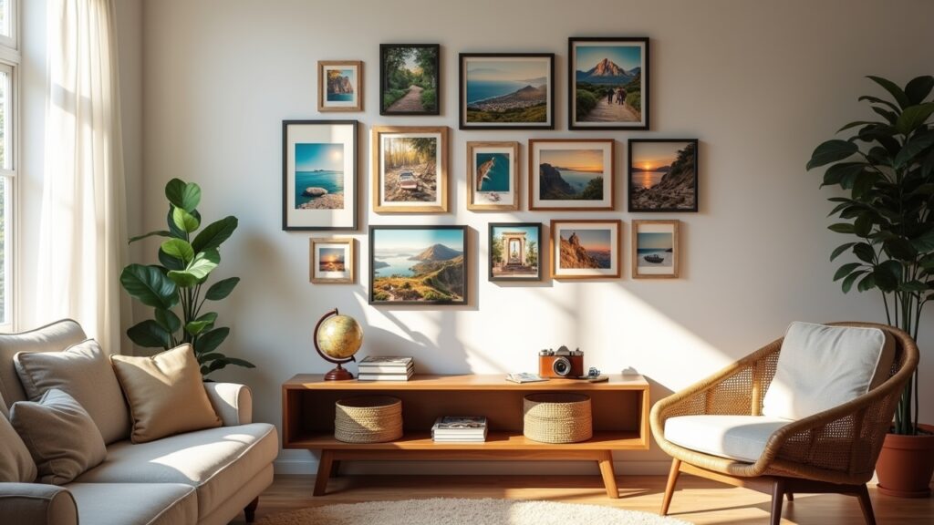 Family photo wall with travel pictures