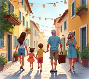 Family creating travel scrapbook