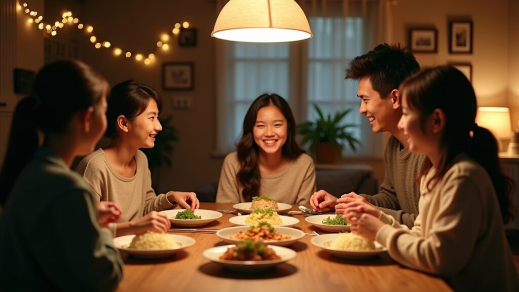 Person sharing meal with host family