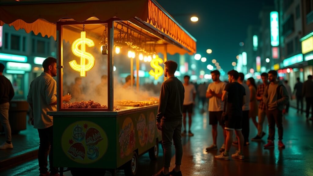 Street food stall with dollar signs