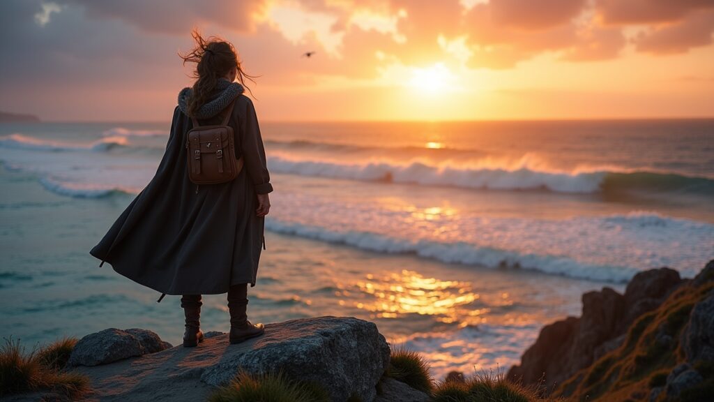 Traveler watching sunrise over ocean